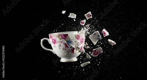 A dramatic high-speed photograph capturing the exact moment a vintage floral teacup explodes against a solid black background. 