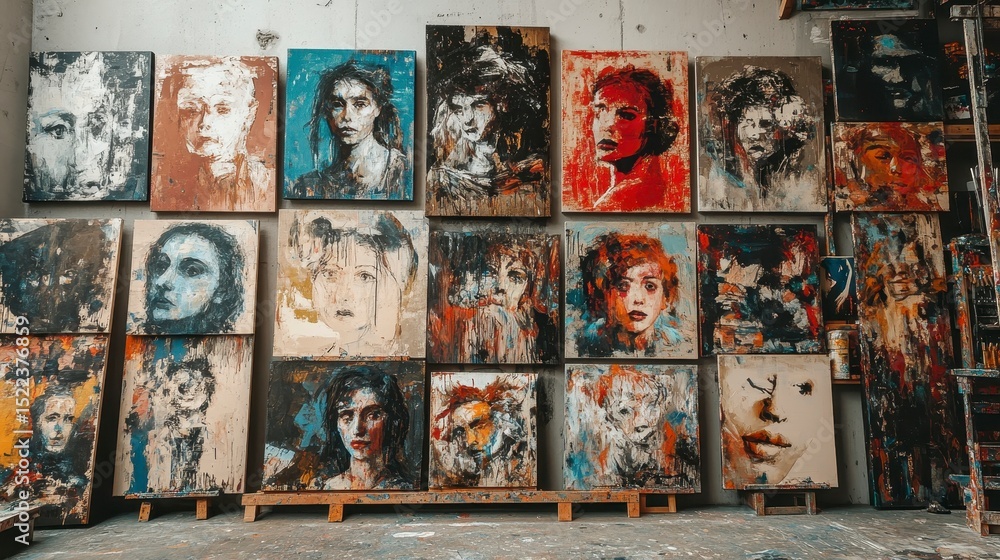 Obraz premium Diverse Artistic Portraits on Display in Creative Art Studio Environment