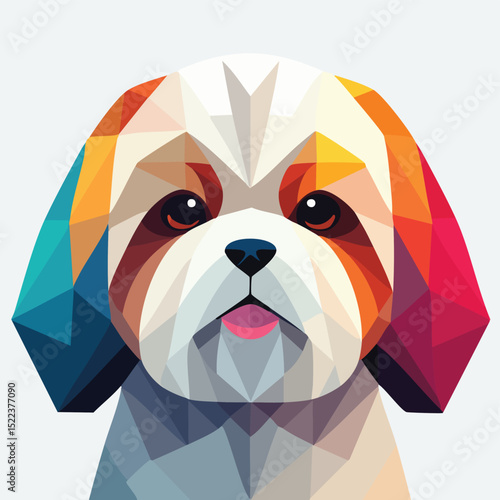 Shih Tzu illustrated through prismatic light patterns and faceted symmetry in abstract style.