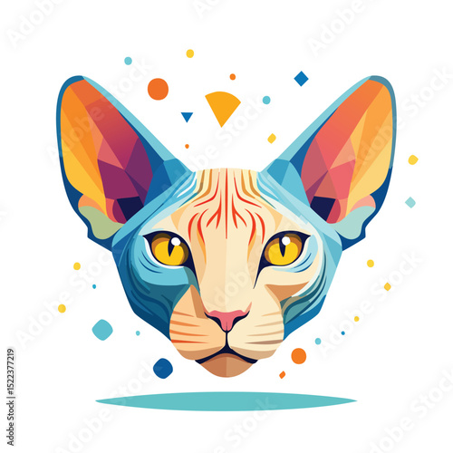 Sphynx illustrated through prismatic light patterns and faceted symmetry in abstract style.