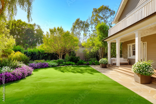 Cassic backyard with idullic lawnand house at sunny day