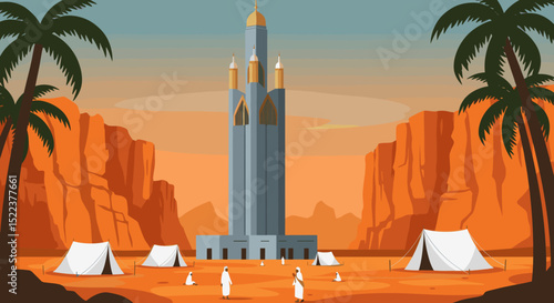 The desert landscape surrounds the scene, with palm trees and a clear sky, capturing the essence of this important ritual in Islamic tradition.