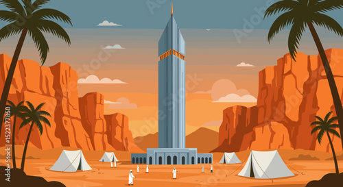 The desert landscape surrounds the scene, with palm trees and a clear sky, capturing the essence of this important ritual in Islamic tradition.