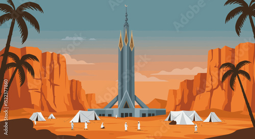 The image depicts a pilgrim performing the symbolic act of the Stoning of the Devil (Ramy al-Jamarat) during the Hajj pilgrimage.