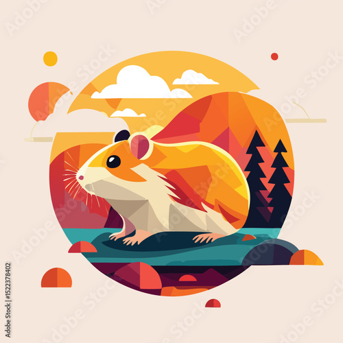 Syrian Hamster illustrated through prismatic light patterns and faceted symmetry in abstract style.