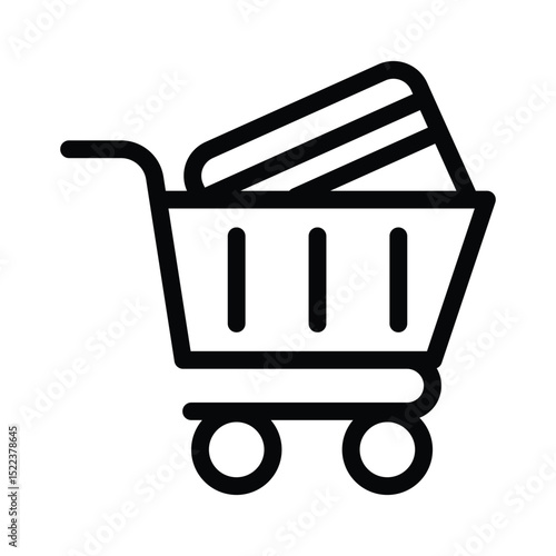 Black and white illustration of a shopping cart with credit cards inside, perfect for financial concepts and ecommerce design projects.
