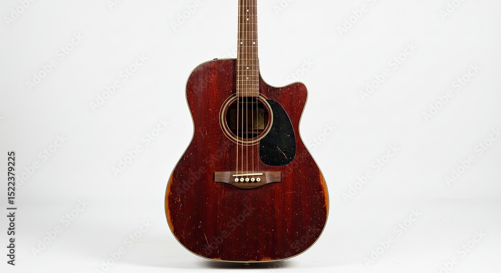 Obraz premium Detailed Acoustic Guitar Against White Background Musical Instrument Displaying Wooden Texture And Brown Tones