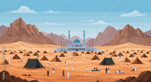 The image shows an artistic illustration of the Prophet's Mosque (Al-Masjid an-Nabawi) in Medina, Saudi Arabia. The mosque, with its iconic green dome, is surrounded by white tents and a mountainous b