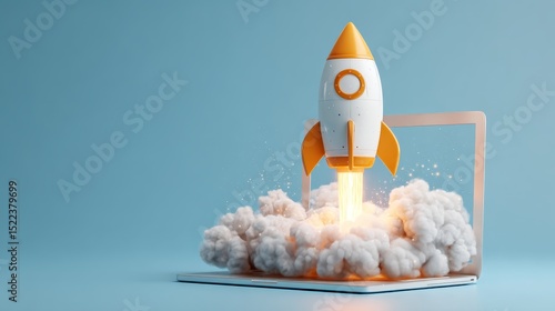 Rocket launching from laptop screen symbolizes rapid business growth and digital innovation startup success