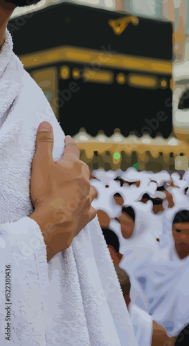 The image shows an artistic illustration of the Kaaba at sunset in Mecca, Saudi Arabia. In the foreground, a couple of pilgrims, dressed in simple white attire, are facing the Kaaba.