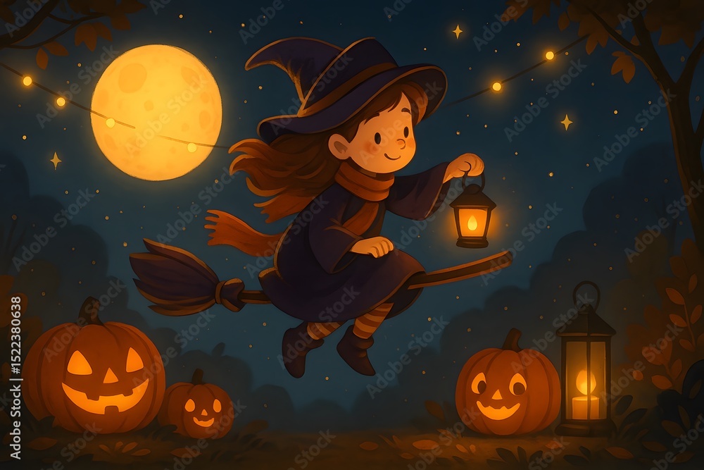 Fototapeta premium Halloween Witch Flying on Broom with Lantern, AI generated