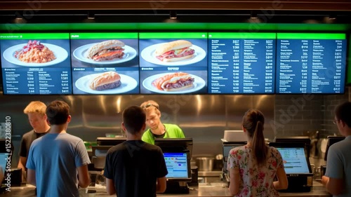 Customers Ordering at a Fast Food Restaurant: Cashier Taking Orders and Processing Payments at the Counter