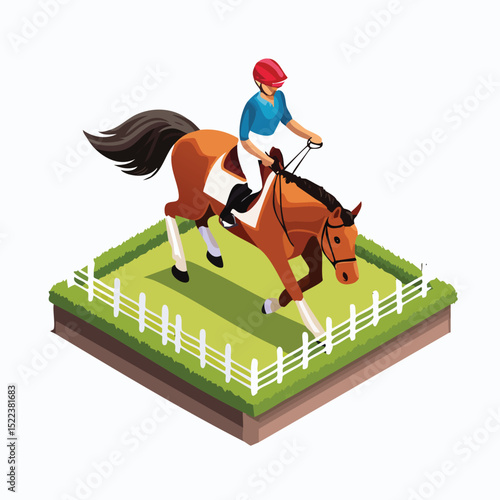horse riding technical isometric vector drawing with defined edges and modern simplicity.