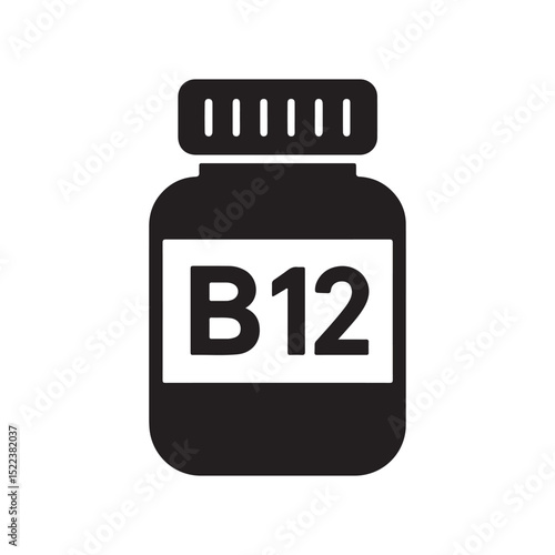 Black and white b12 vitamin supplement bottle icon