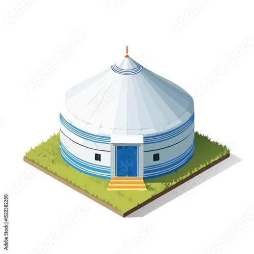yurt technical isometric vector drawing with defined edges and modern simplicity.