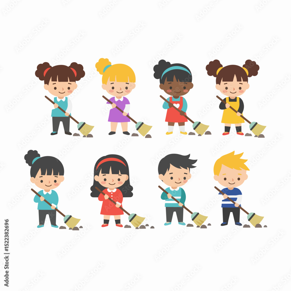 Kids cleaning with brooms group effort Kids cleaning with brooms group effort