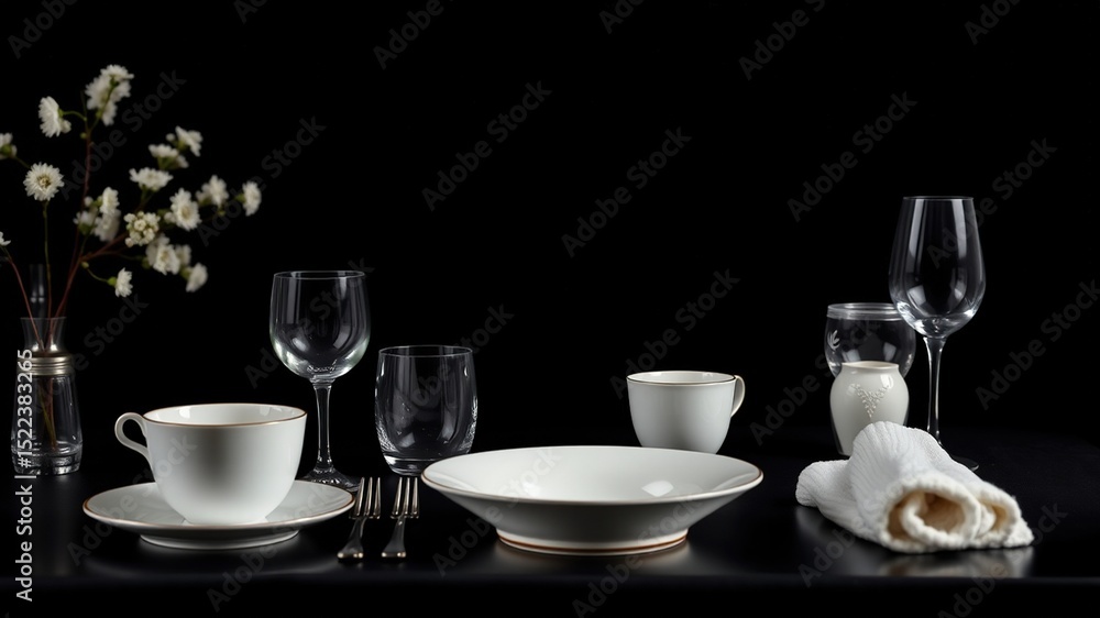 Fototapeta premium Black Background Tableware, Detailed, High-Quality, Food Photography