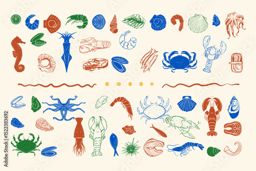 A hand-drawn ink illustration collection featuring a variety of fresh seafood, ideal for restaurant menus, culinary guides, packaging design, and gourmet branding.