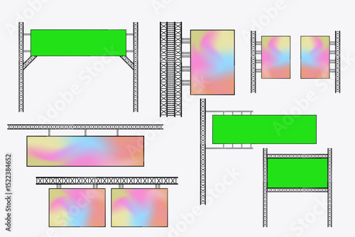 Collection of Hanging LED Screens Mockup cross the street for long realistic screen light box. Set of Illuminated technology long screens cross the road for advertising lightbox