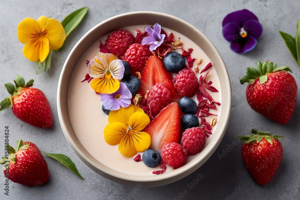 Delicious yogurt bowl decorated with fresh berries and edible flowers Delicious yogurt bowl decorated with fresh berries and edible flowers