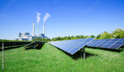 Energy production in a conventional dirty power plant compared to modern ecological alternative from renewable energy through solar electricity with solar panels in a green park - Munich, Germany