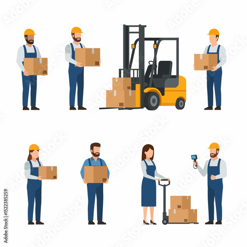 Warehouse workers forklift and package delivery concept