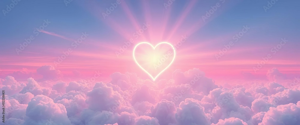 Fototapeta premium Dreamy pastel cloudscape, radiant heart glows softly, digital art, valentine