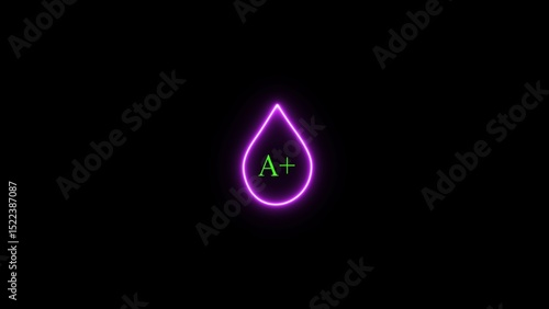 Neon blood group icon. Eight blood group drops appear on the screen, symbolizing the details of the blood group.