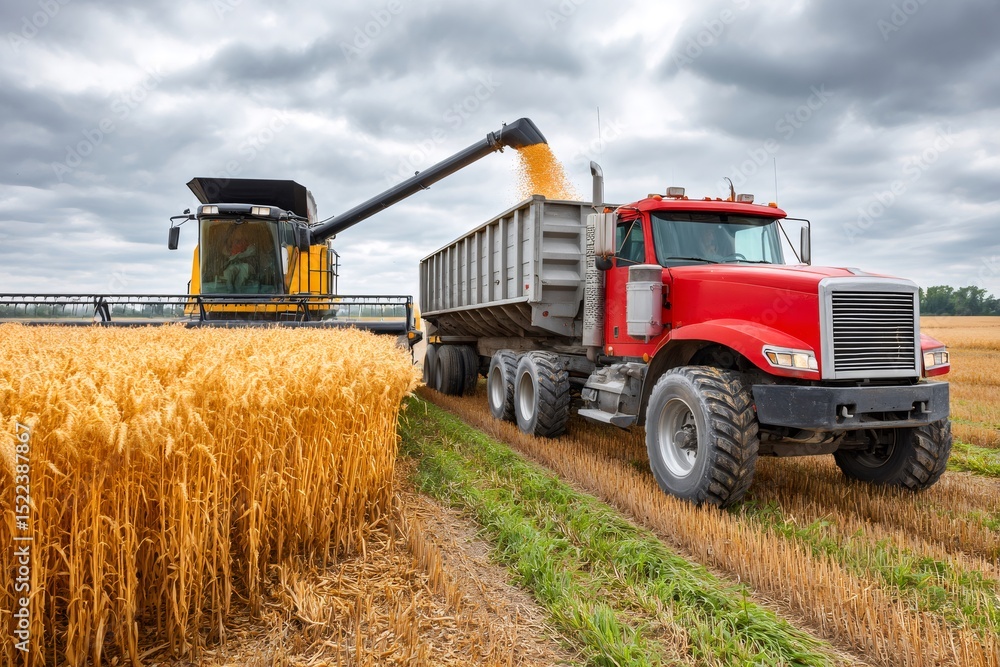 Fototapeta premium Combine harvester unloading wheat grain into truck at harvest time