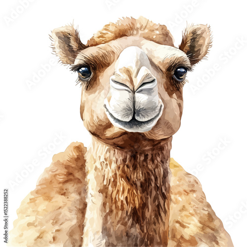 Camel Close Up, watercolor drawing vector, high quality, isolated on a white background.
