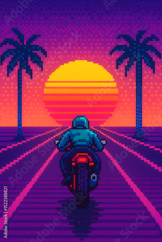 Retro 80s Arcade Motorcycle Rider in Pixel Style – Vintage Phone Wallpaper