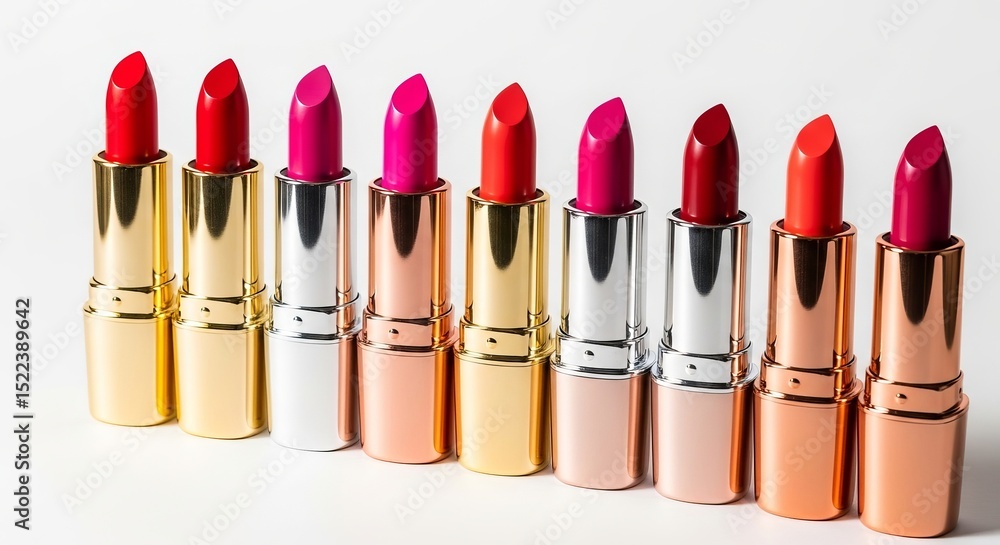 Row of Colorful Lipsticks in Metallic Cases on White Background Row of Colorful Lipsticks in Metallic Cases on White Background