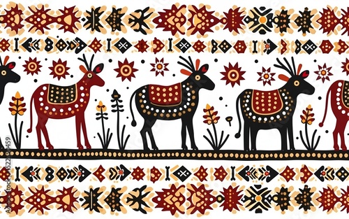 Warli or tribal art vector illustration with border for textile or interior decor. High quality