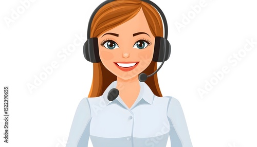 Smiling woman with headphones, ready to answer calls.