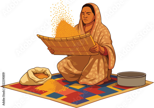 Rural Indian woman winnowing and cleaning rice vector illustration