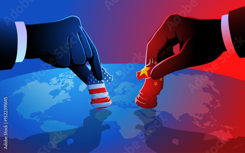 Vector illustration of a chess game between the United States and China played over a world map, symbolizing their strategic moves and competition for global influence