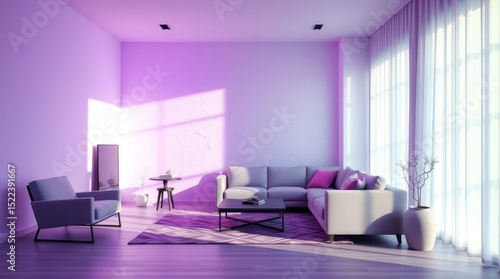 Serene modern living room bathed in soft purple and natural light