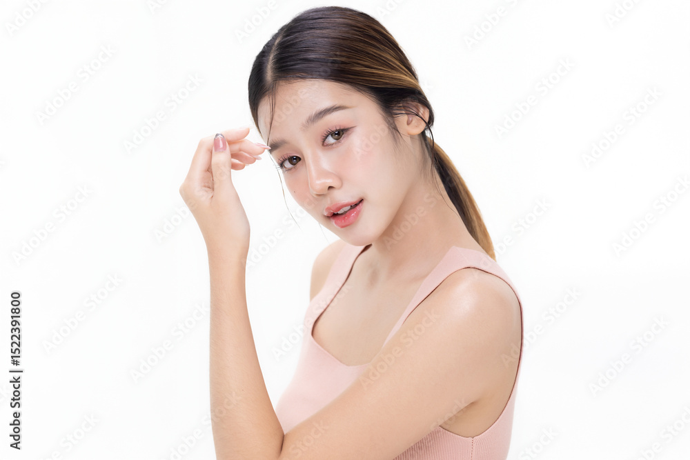 Close-up portrait of young Asian beautiful woman with K-beauty make up style and healthy and perfect skin. Facial and skin care concept for commercial advertising. Close-up portrait of young Asian beautiful woman with K-beauty make up style and healthy and perfect skin. Facial and skin care concept for commercial advertising.