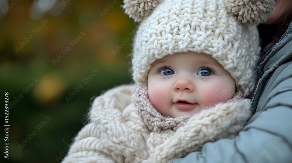 18. A baby wearing a knitted hat with pom-poms 18. A baby wearing a knitted hat with pom-poms
