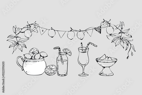 Still life illustration of flowers berries and a wine jug with vintage drink and cafe elements