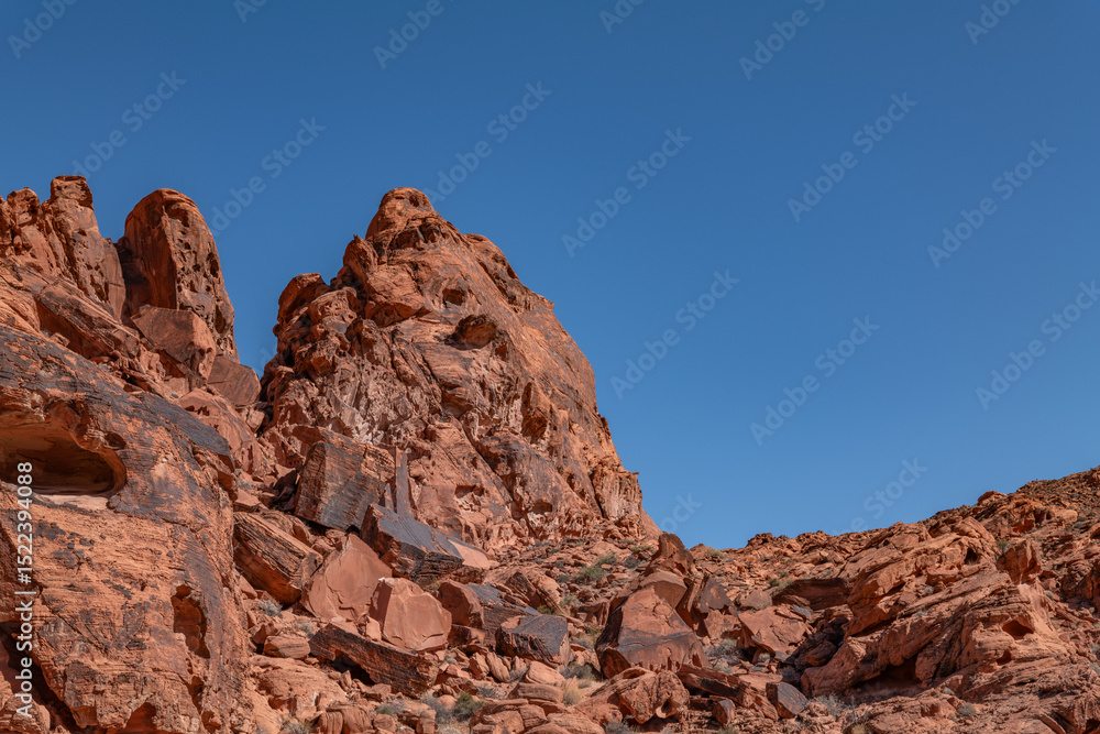 Fototapeta premium Desert varnish, red Aztec Sandstone outcrops, Early Jurassic geological formation of primarily eolian sand. ,Valley of Fire State Park, Clark County, Nevada geology. 