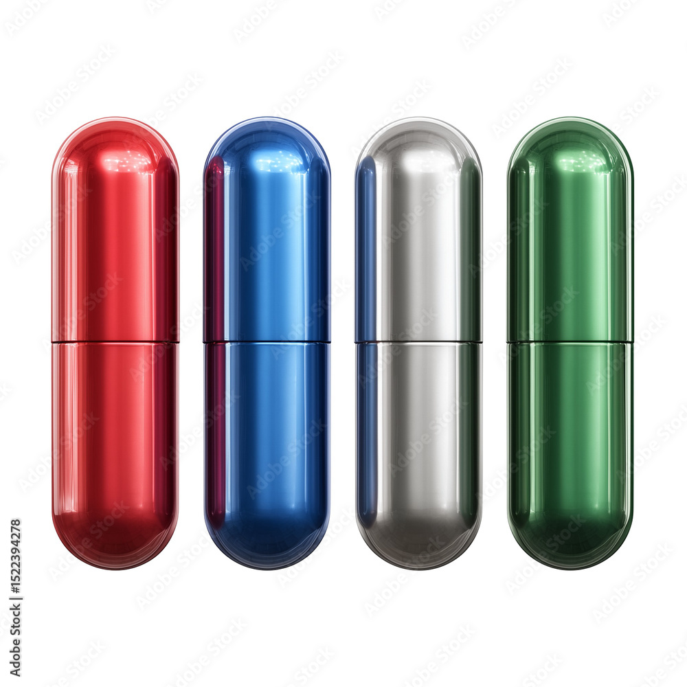 A row of four shiny metallic capsules in red blue silver and green isolated on a white background A row of four shiny metallic capsules in red blue silver and green isolated on a white background