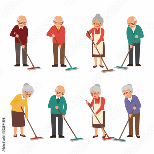 Seniors Cleaning sweeping home with brooms
