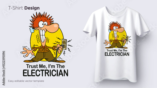 Funny Cartoon Electrician Shocked Holding Plug T-Shirt Design