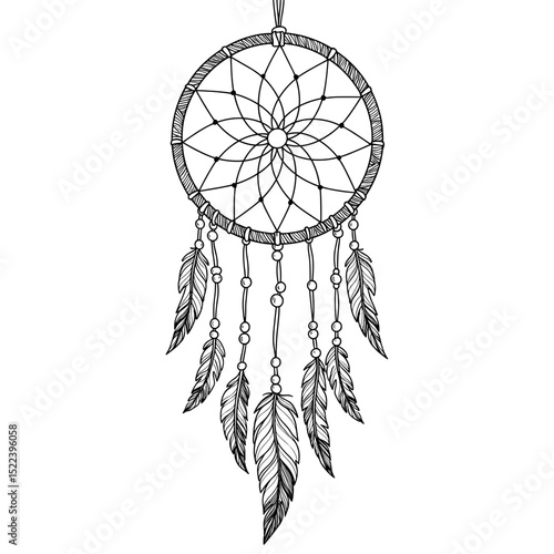 Dreamcatcher with feathers in intricate black line art design  