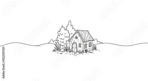 Hand-drawn illustration of a simple house with trees and landscape  