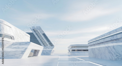 Experience a 3d rendering of a futuristic architectural background with gravity-defying buildings, reflective surfaces, and ambient lighting effects