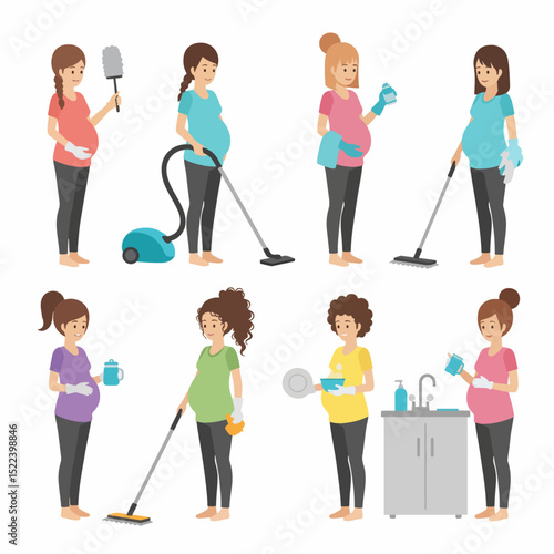 Pregnant women cleaning and housekeeping at home