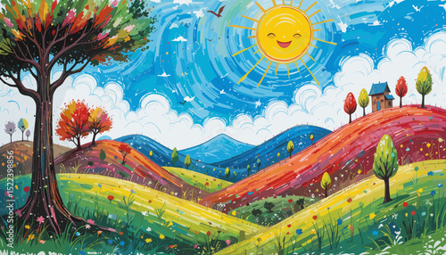 Vibrant landscape with colorful hills, blooming flowers, trees, and a smiling sun against a bright blue sky