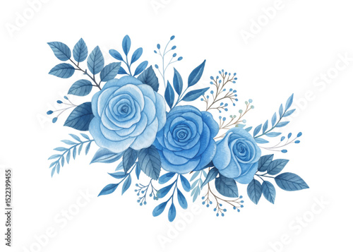 Принти на полотні Romantic blue watercolor roses in elegant floral arrangement perfect for wedding invitations and decorative stationery on white background in soft painterly style